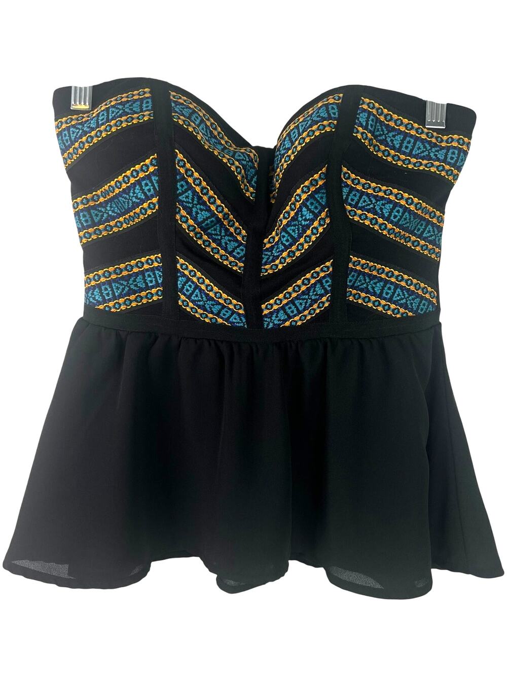Bebe NWT Women's Strapless Corset Party Top Black Multicolor Flowy Skirt Size S